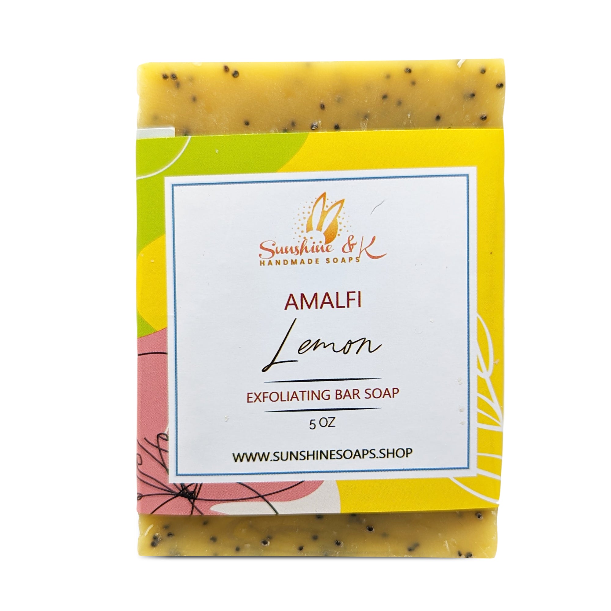 Amalfi Sweet Lemon Soap Bar - Exfoliating Soap, Bar Soap with Poppy Seeds & Shea Butter, Natural Base Oils Body Soap, Body Soap Bars with 6 Natural Base Oils, 5 oz - Sunshine & K Handmade Soaps - sunshine-handmade-soaps