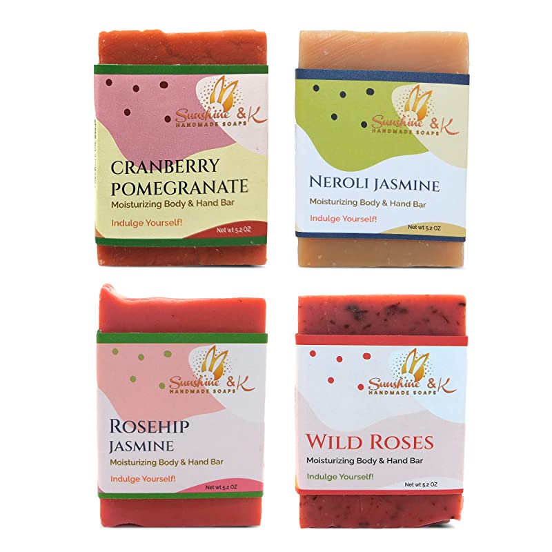 Body & Face Soap Bar, Handmade Bath Soap, Moisturizing Bar Soap, Rosehip Jasmine, Neroli Jasmine, Wild Roses, & Cranberry Pomegranate Soap Bars, 20 oz, 4-Scents Set - Sunshine & K Handmade Soaps