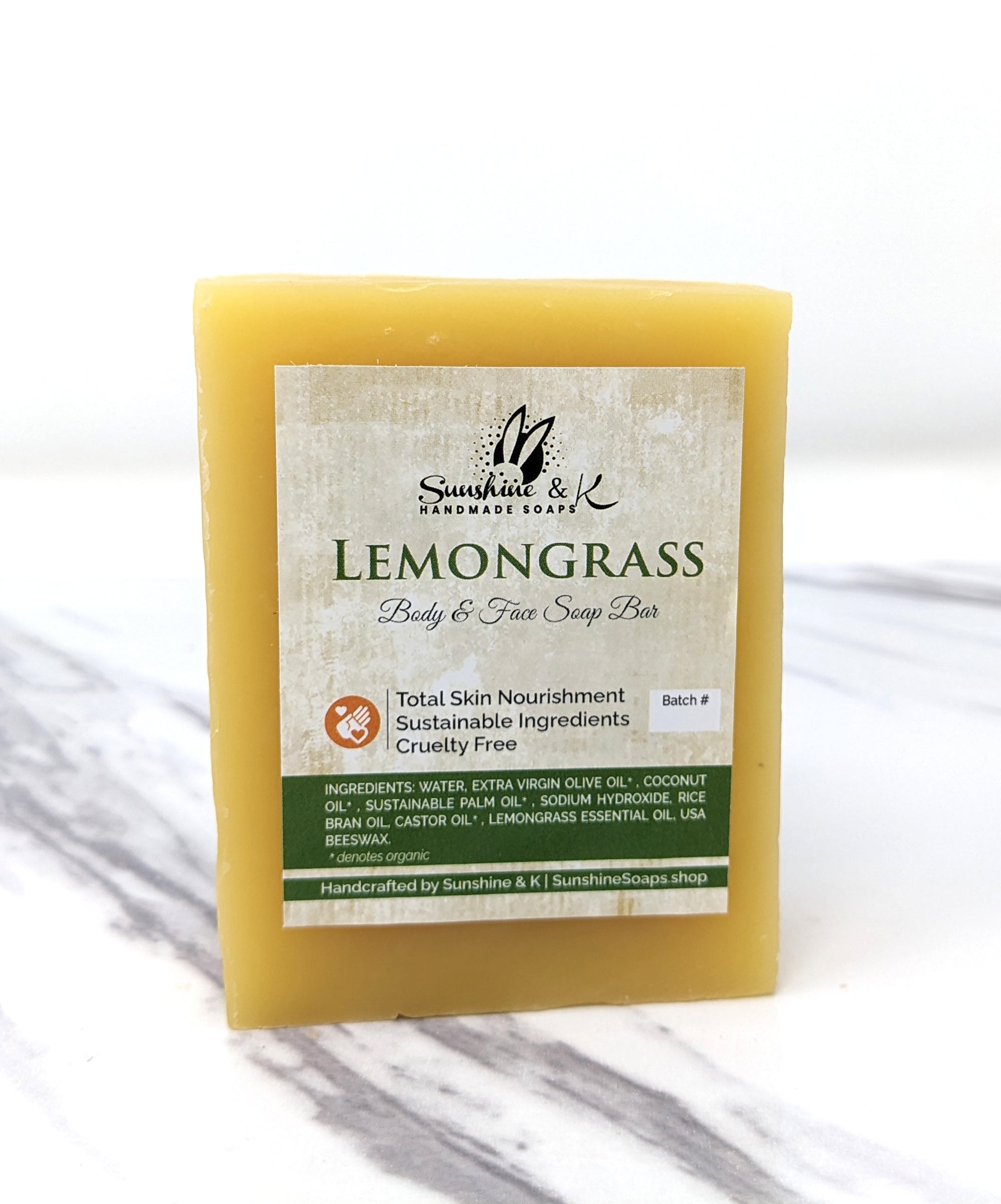 Lemongrass Bar Soap - Body & Face Bar Soap, Handmade Bath Soap, Moisturizing Bar Soap With Beeswax, Rice Bran Oil, & Natural Base Oils, Natural Soap Bars, 5 oz, Sunshine & K Handmade Soaps