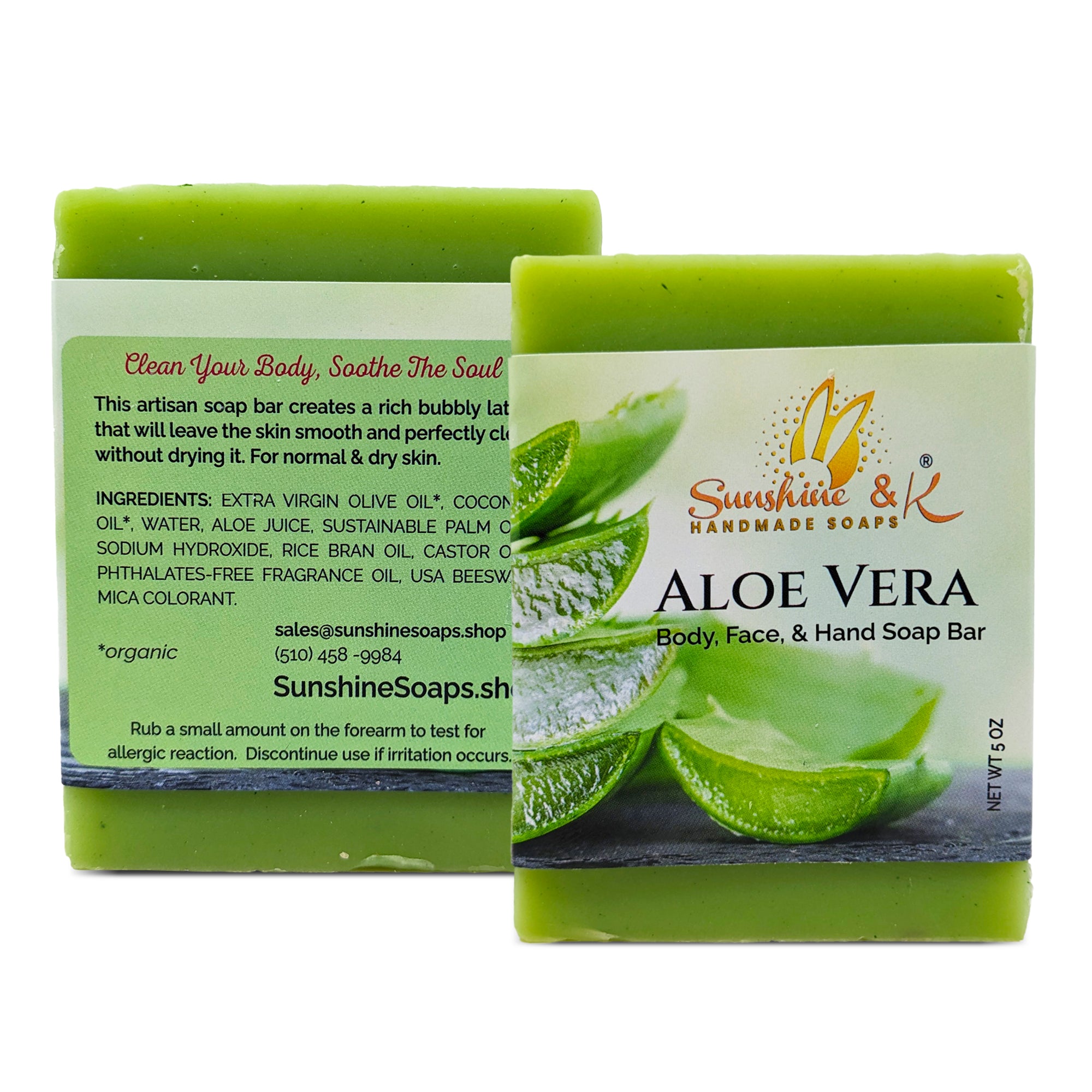 Aloe Vera Bar Soap - Body & Face Bar Soap, Handmade Bath Soap, Moisturizing Bar Soap With Beeswax, Rice Bran Oil, & Natural Base Oils, Natural Soap Bars, 5 oz, Sunshine & K Handmade Soaps - sunshine-handmade-soaps