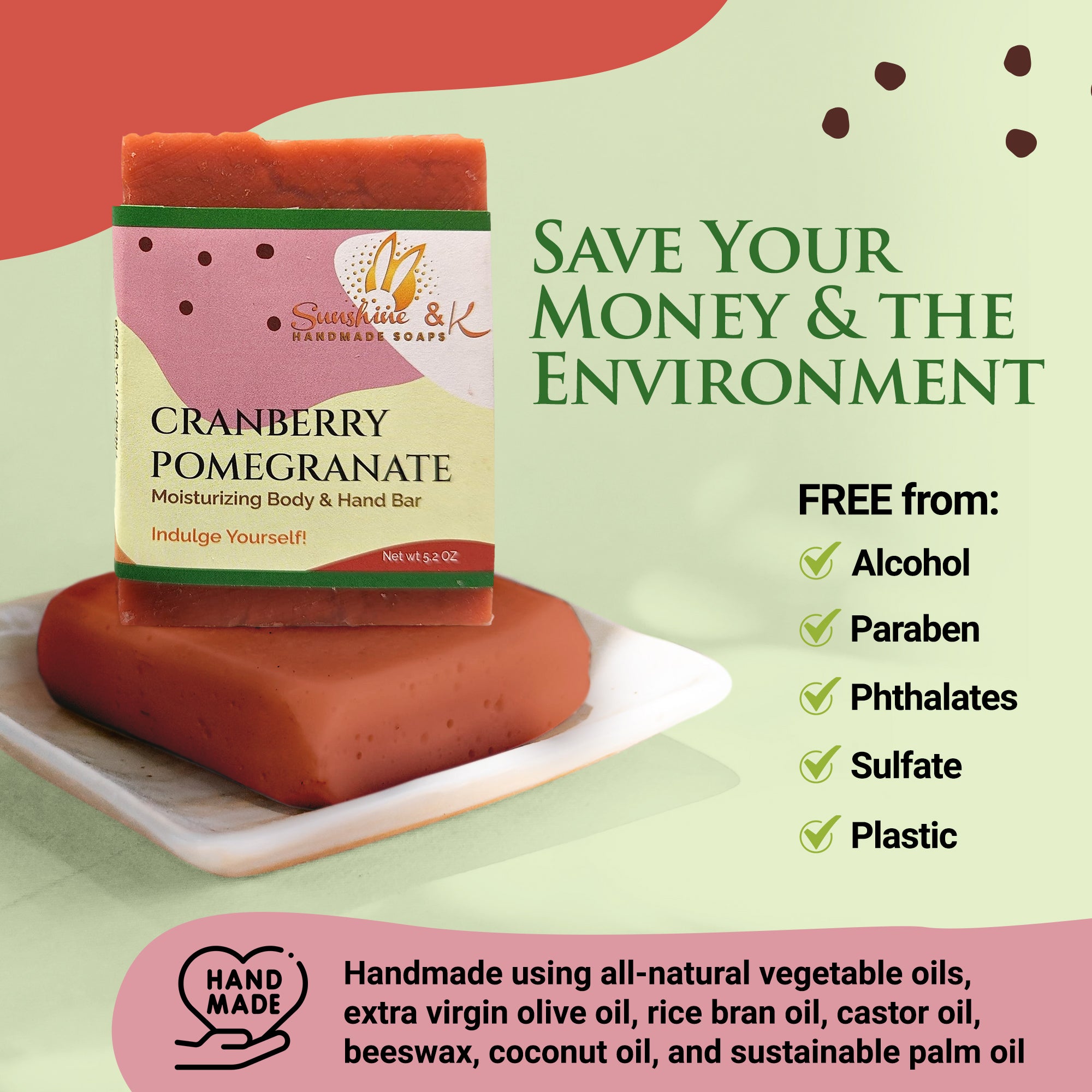 Cranberry Pomegranate Bar Soap - Body & Face Bar Soap, Handmade Bath Soap, Moisturizing Bar Soap With Beeswax, Rice Bran Oil, & Natural Base Oils, Natural Soap Bars, 5 oz, Sunshine & K Handmade Soaps - sunshine-handmade-soaps