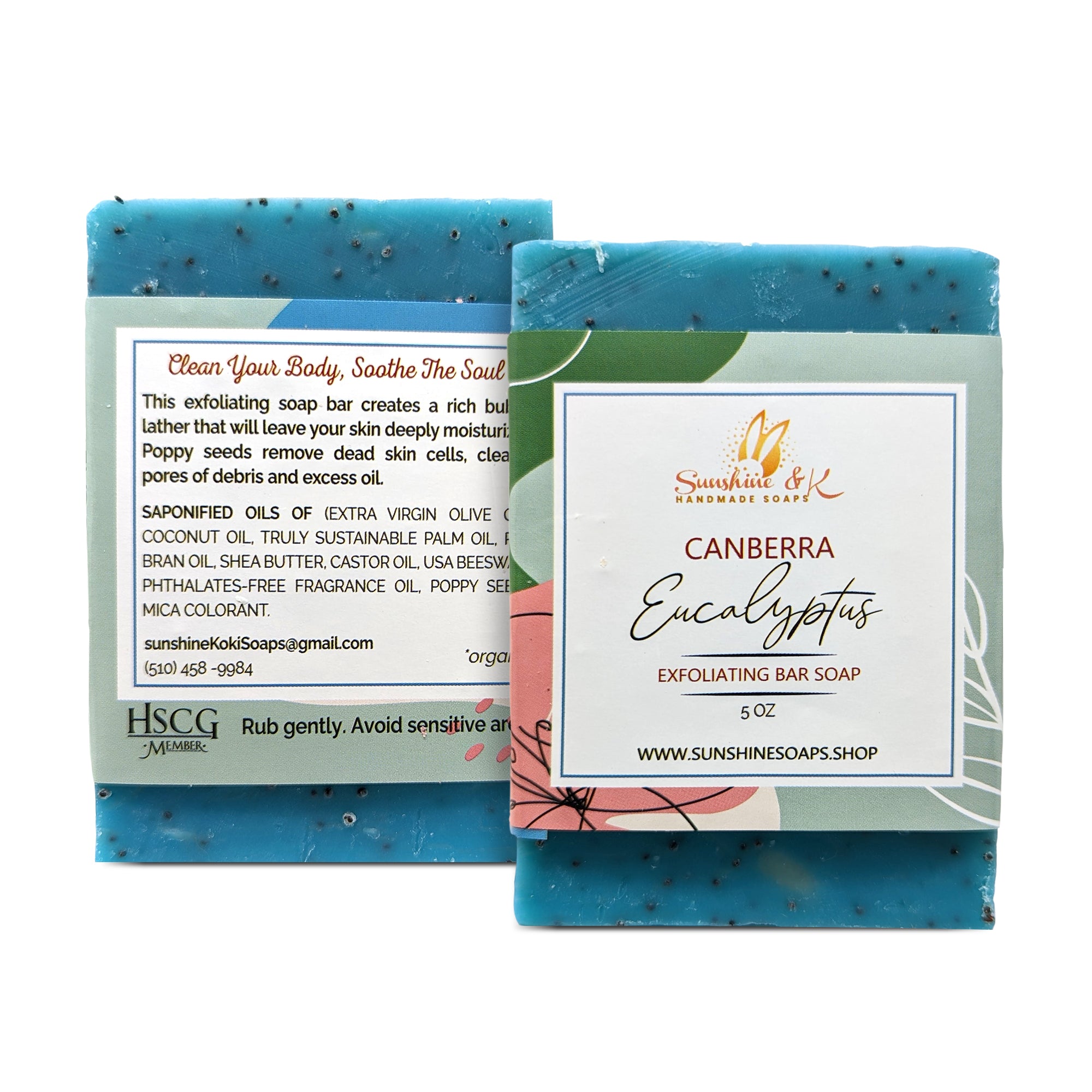 Canberra Eucalyptus - Exfoliating Soap, Bar Soap with Poppy Seeds & Shea Butter, Natural Base Oils Body Soap, Body Soap Bars with 6 Natural Base Oils, 5 oz - Sunshine & K Handmade Soaps - sunshine-handmade-soaps