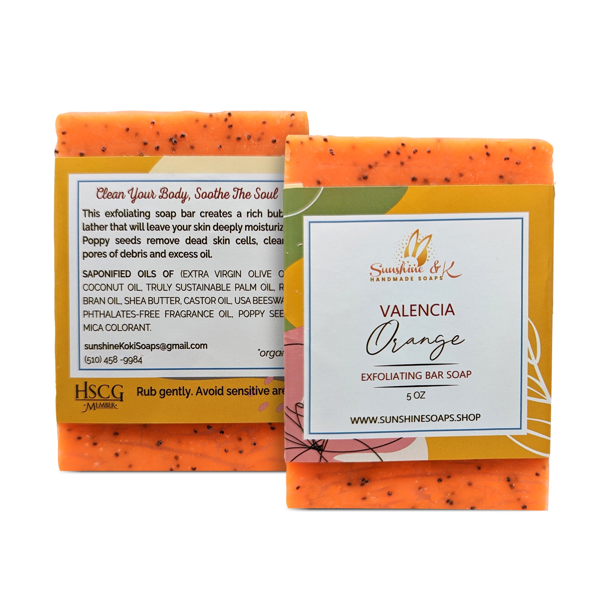 Valencia Orange Soap Bar - Exfoliating Soap, Bar Soap with Poppy Seeds & Shea Butter, Natural Base Oils Body Soap, Body Soap Bars with 6 Natural Base Oils, 5 oz - Sunshine & K Handmade Soaps - sunshine-handmade-soaps