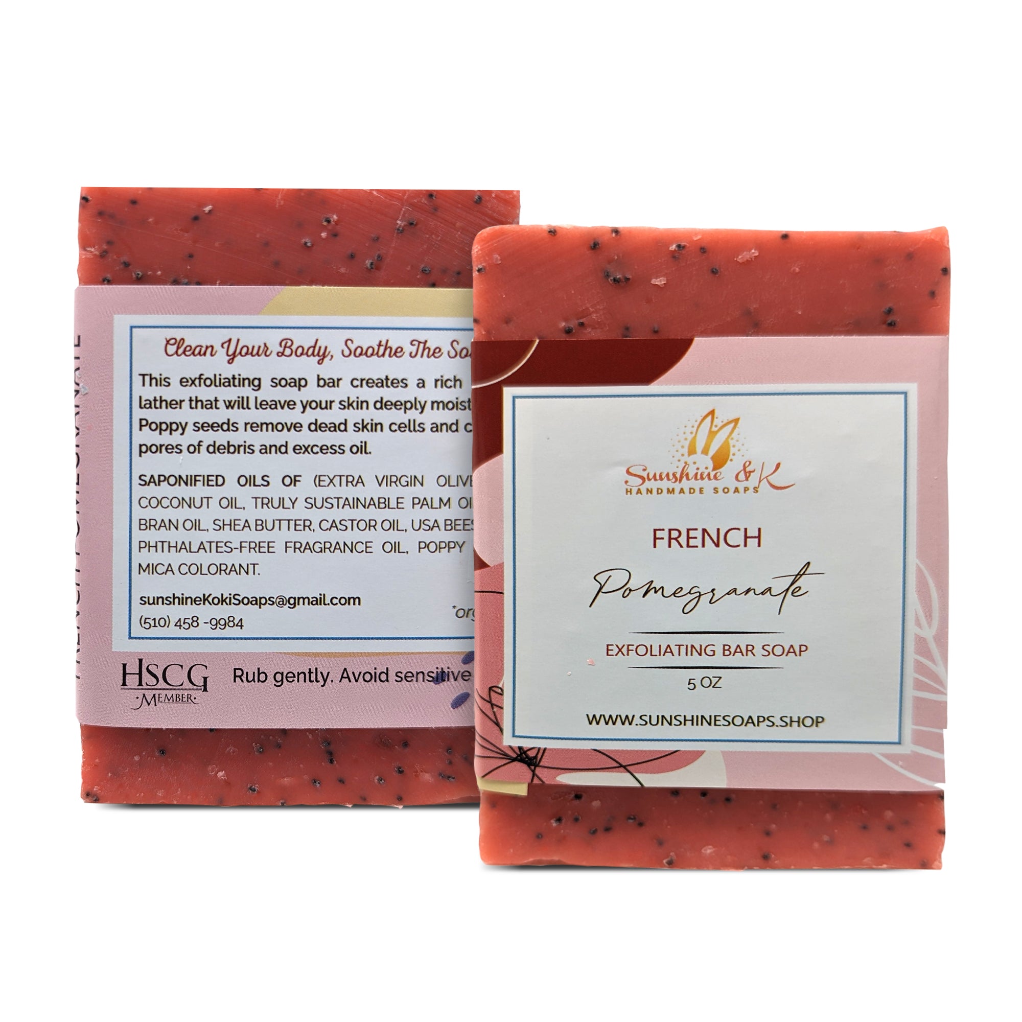 French Pomegranate Soap Bar - Exfoliating Soap, Bar Soap with Poppy Seeds & Shea Butter, Natural Base Oils Body Soap, Body Soap Bars with 6 Natural Base Oils, 5 oz - Sunshine & K Handmade Soaps - sunshine-handmade-soaps