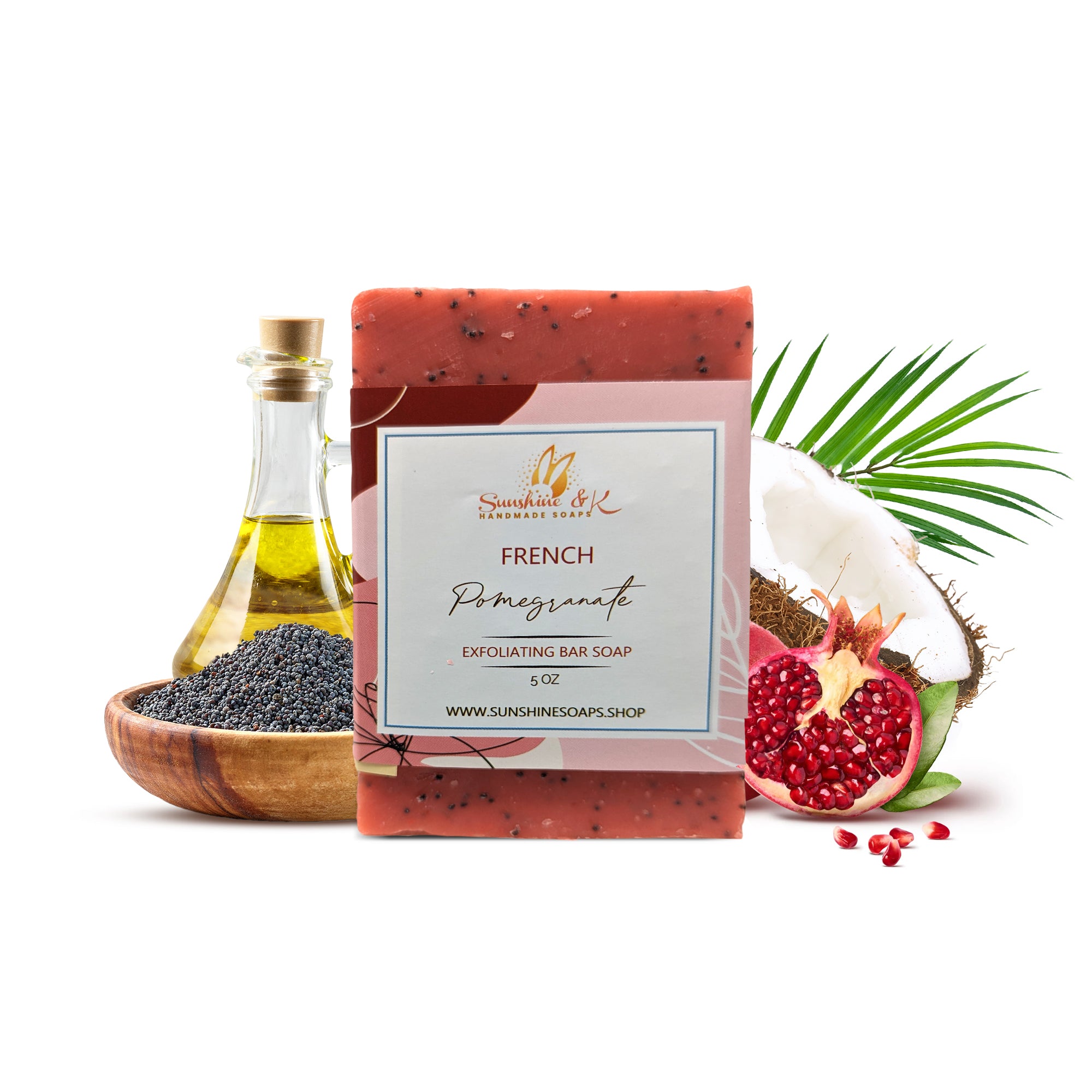 French Pomegranate Soap Bar - Exfoliating Soap, Bar Soap with Poppy Seeds & Shea Butter, Natural Base Oils Body Soap, Body Soap Bars with 6 Natural Base Oils, 5 oz - Sunshine & K Handmade Soaps - sunshine-handmade-soaps