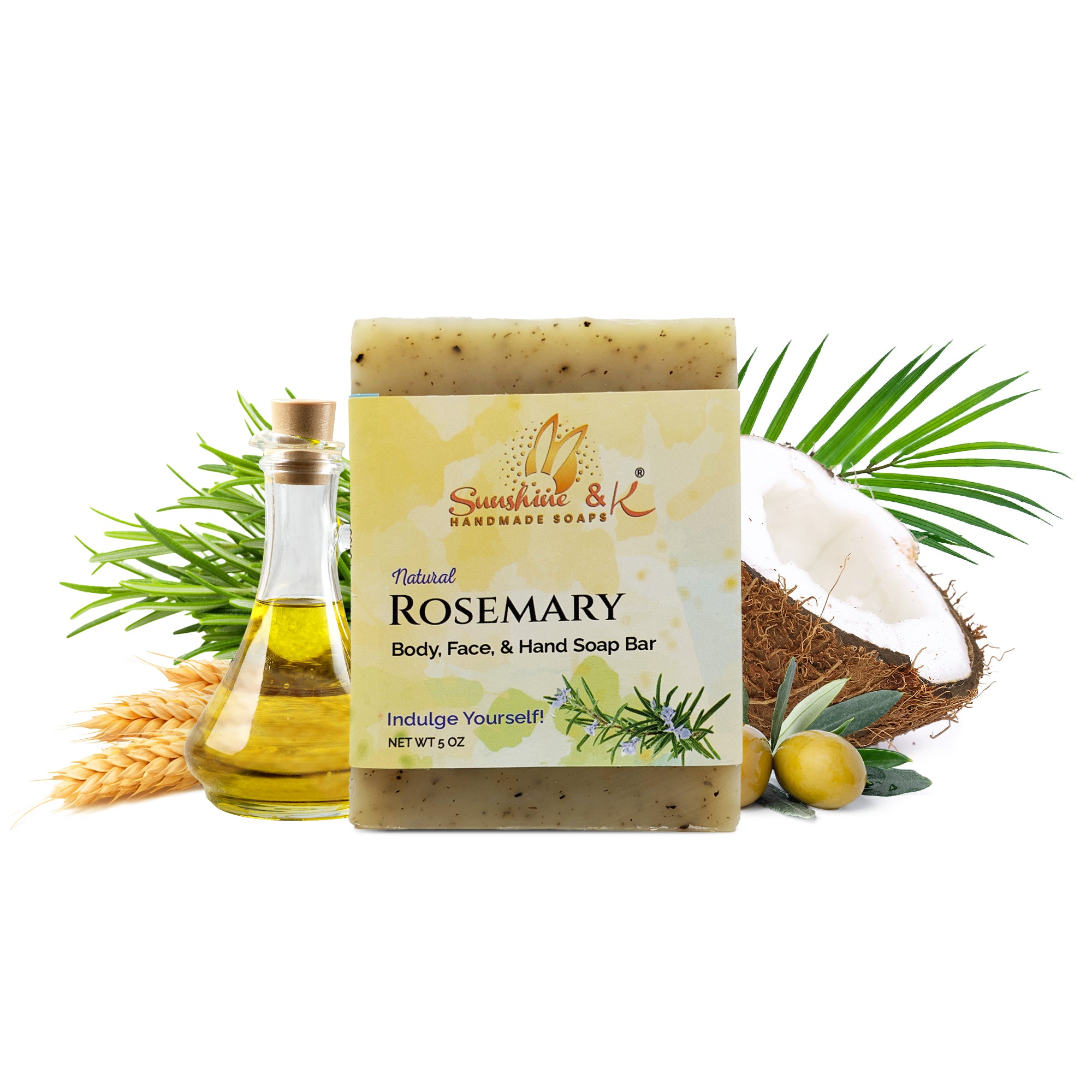 Rosemary Soap Bar - Body & Face Bar Soap, Handmade Bath Soap, Moisturizing Bar Soap With Beeswax, Rice Bran Oil, & Natural Base Oils, Natural Soap Bars, 5 oz, Sunshine & K Handmade Soaps - sunshine-handmade-soaps